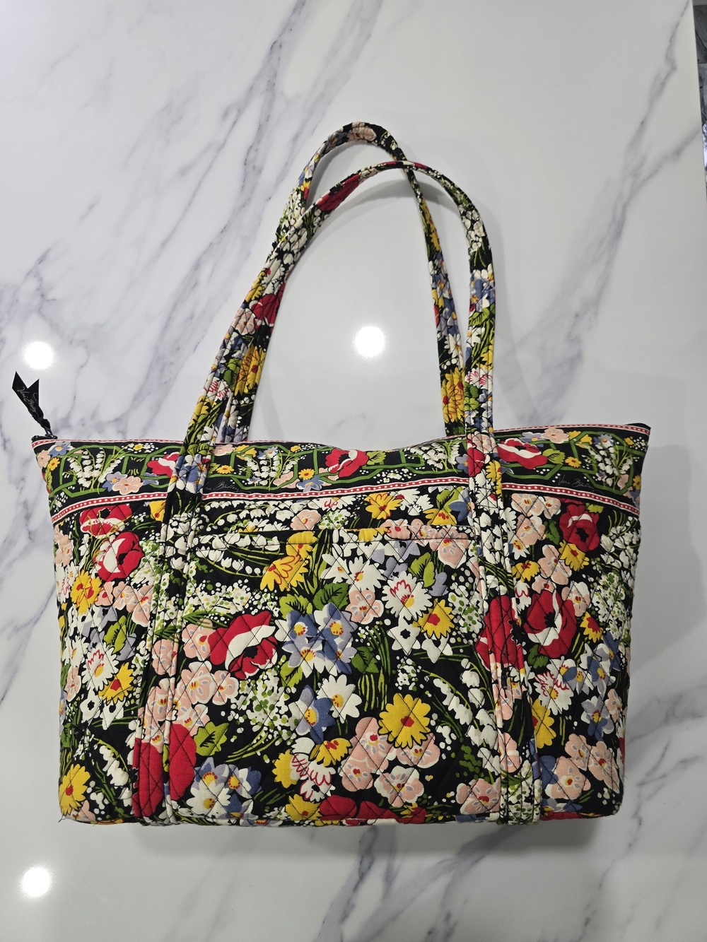 Vera Bradley Black Quilted Floral Tote with Red, Yellow, Blue and Green